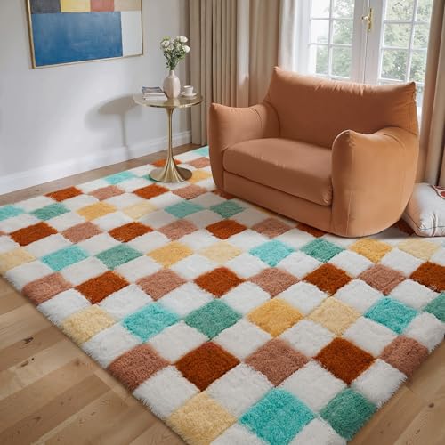 Checkered Rug 5x8 for Living Room, Colorful Modern Shag Rug Super Soft Washable Indoor Fuzzy Carpet Non-Slip Fluffy Rugs for Bedroom Home Aesthetic De