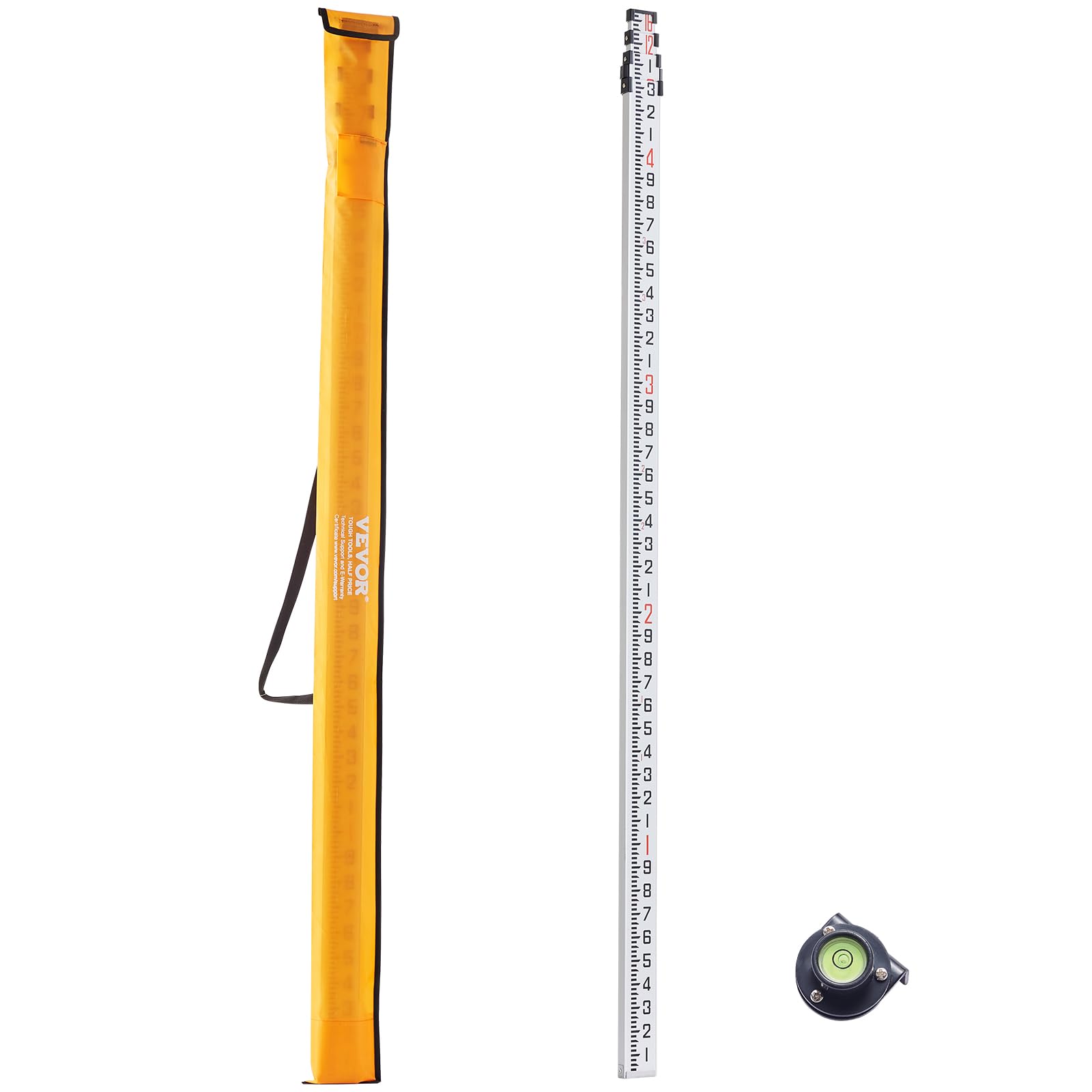 VEVOR Aluminum Grade 16-Feet/10ths 4 Sections Telescopic Measuring Rod, Double-Sided Scale 1/10ft Leveling Rod Stick with Bubble Level & Carrying Bag