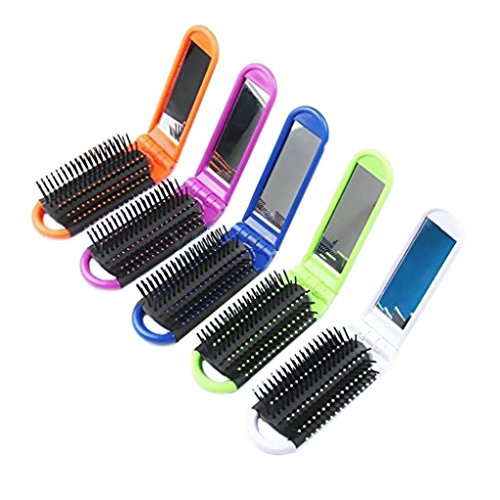 LOUISE MAELYS 5pcs Folding Pocket Hairbrush with Mirror Colorful Portable Hair Comb for Travel Gift Idea