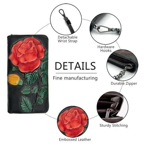 Image of Wallet Genuine Leather for Women - with RFID Blocking Card checkbook ID Slot Large Capacity Vintage style (big rose black)