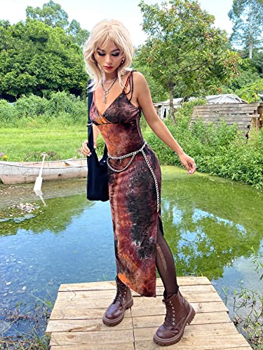 Image of WDIRARA Women's Tie Dye Y2K Vintage Split Spaghetti Bodycon Dress E-Girl Aesthetic Grunge Dress
