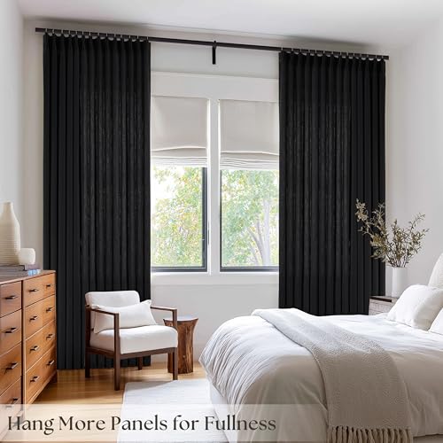 Image of Black Semi Sheer Pinch Pleated Linen Curtains 63 Inch Long for Bedroom