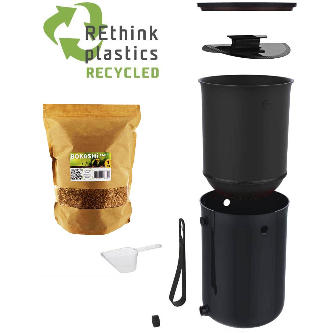 Set de 2 Cubos Bokashi Organko 2 Negro (9,6L) | Compostador orgánico con compactador + 1 kg de Activador de Fermentación EM-1