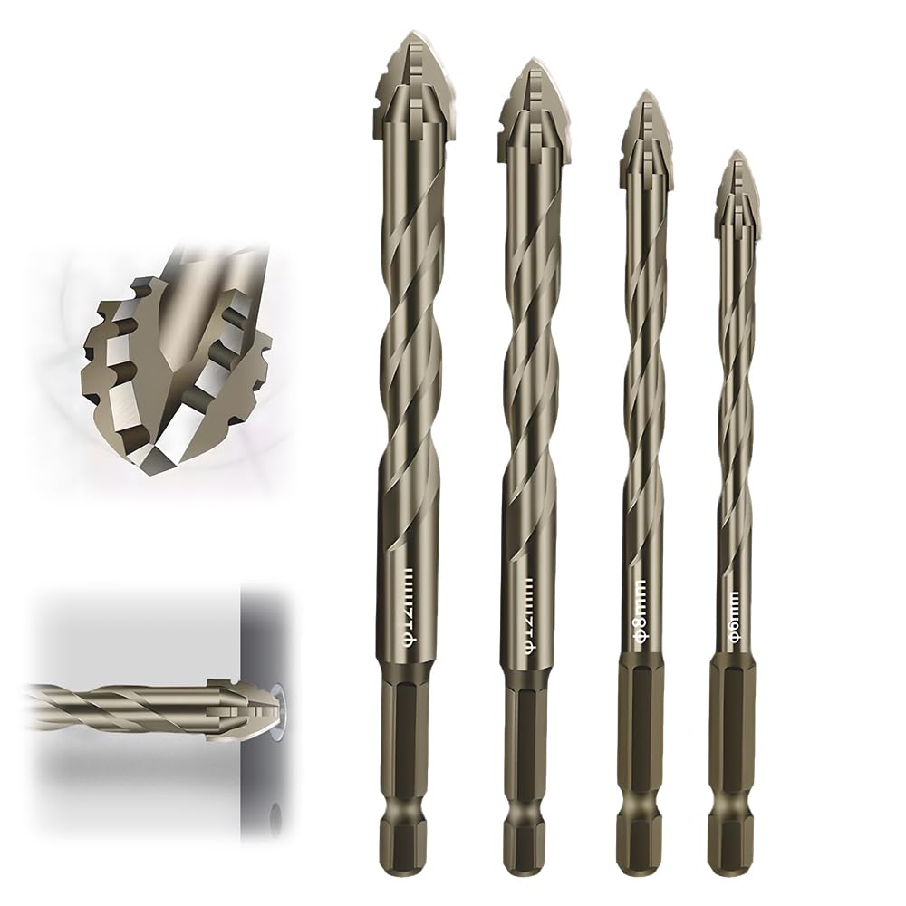 4 Flute Eccentric Drill Bit Set,2025 New Four-Flute Sawtooth Eccentric Drill Bit,Four Edged Serrated Eccentric Drill Bit Set for Stone Glass Concrete Wood Brick Metal (6+8+10+12mm)