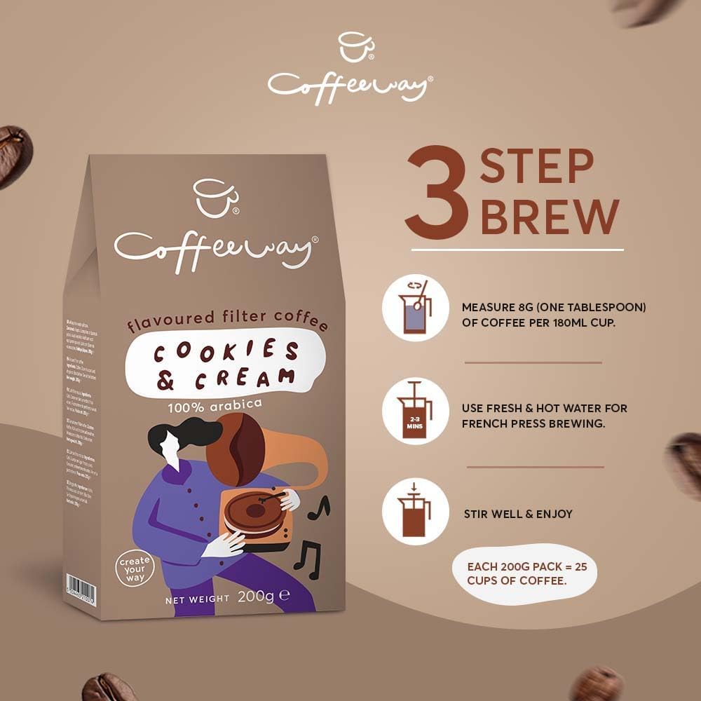 Coffeeway Caffè macinato aromatizzato con biscotti e panna, 800 g (4 x 200 g) - Eccezionale caffè macinato, sapientemente tostato, chicchi Arabica Premium, senza glutine, ipocalorici, senza zucchero,