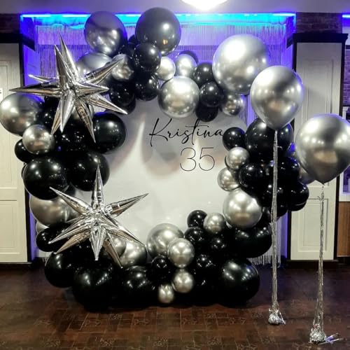 Image of Black and Silver Balloon Garland Arch Kit with 3pcs Star Balloons, Silver and Black Balloon Confetti Latex Balloons for Birthday Wedding Graduation Baby Shower Disco Anniversary Party Decorations