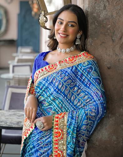 Image of SIRIL Women's Bandhani Printed, Foil Print, Sequins Embroidery And Pearl Lace Chiffon Saree With Unstitched Blouse Piece