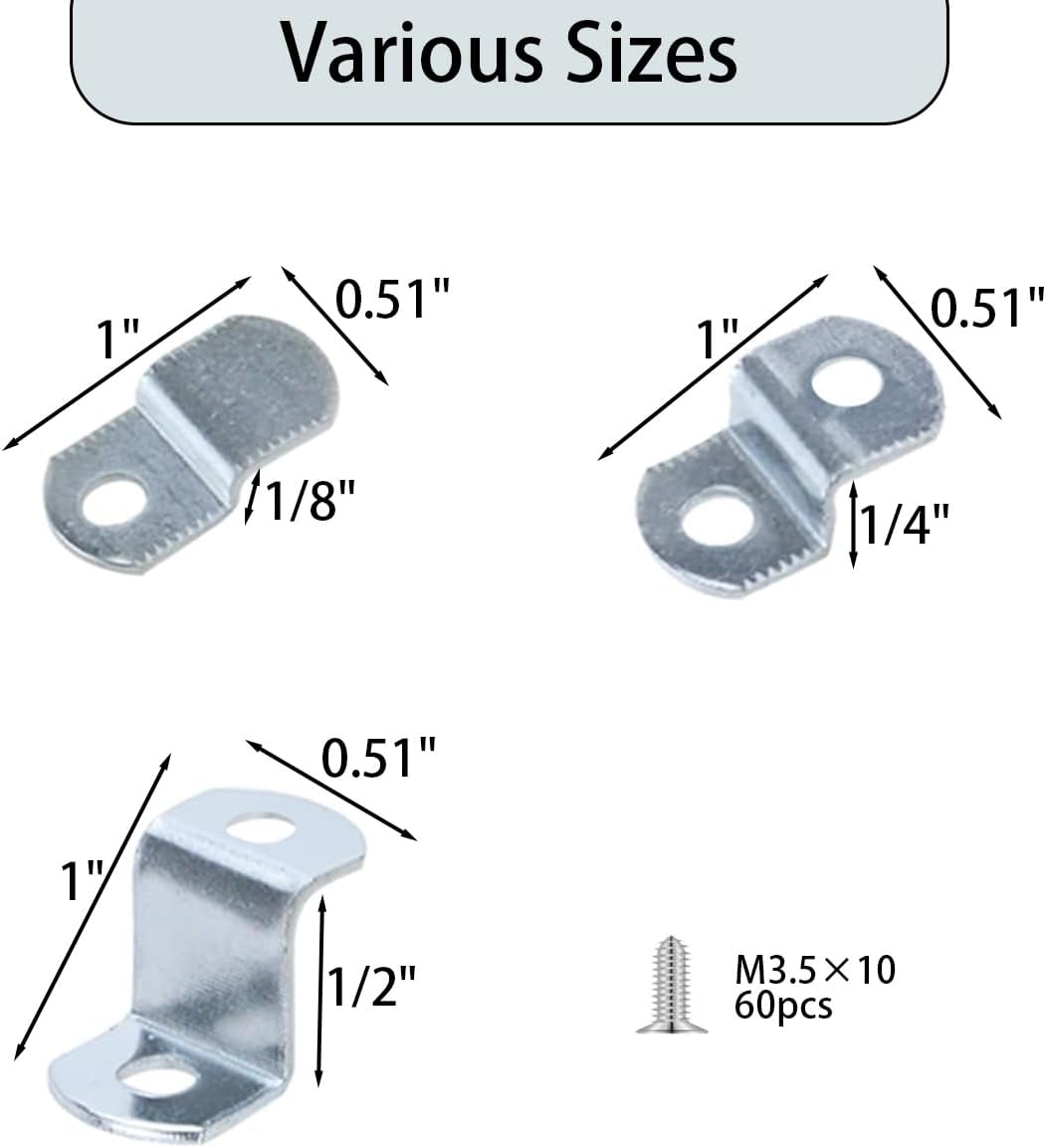 60 pcs Canvas Offset Clips for Picture Framing with Screws Framing Mirror Clips Kit (20 pcs Each of 1/8",1/4",1/2" )