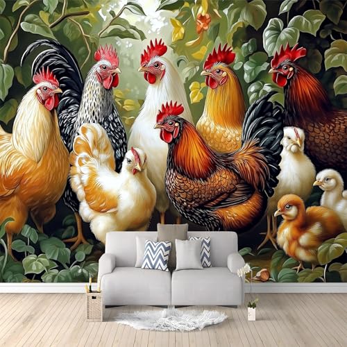 Fototapete Land Bauernhof Huhn Vlies Tapeten Wandtapete, Bunt Wanddeko Design Wand Dekoration Wohnzimmer Schlafzimmer Büro Flur 200 x 140 cm Wandtapete