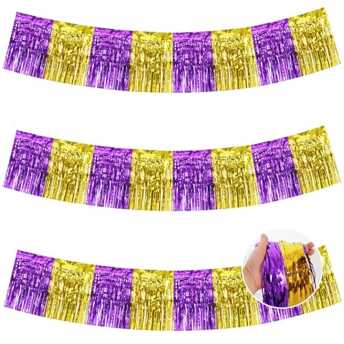 Image of BEISHIDA 3 Packs Metallic Foil Fringe Garland Purple Gold Wall Hanging Tinsel Fringe Banners for Car Floats Bridal Shower Wedding Birthday Graduation Holiday Party Decoration(30 Feet)