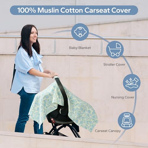Image of SERAPHY 100% Muslin Cotton Car Seat Cover Baby, 2 Pack Universal Carseat Covers Baby Boy Girl, Breathable Car Seat Canopy, Soft Infant Car Seat Cover for Summer and Winter-2 Pcs Blue&Flowers