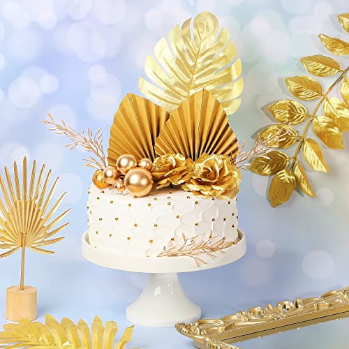 26 Pieces Happy Birthday Cake Topper Gold Palm Leaves Balls Cupcake Toppers Floral Gold Cake Decorations Rose Flower Toppers For Cake Artificial Gold Leaves For Decoration Birthday Wedding Baby Shower #TOP3