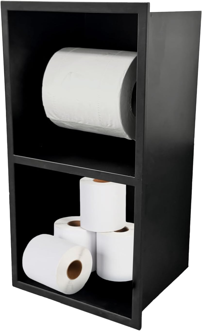 toilet paper holder, over-mounted toilet roll holder - 304 stainless steel bathroom paper towel organiser, matte black wall mounted design for bathroom/kitchen/rv (13.4x7x5.9inch)