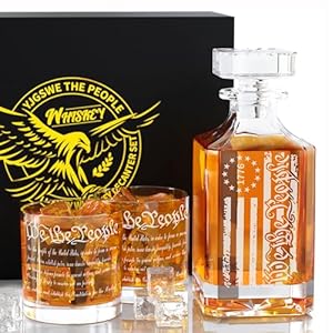 Whiskey Decanter Set for Men – Engraved 1776 American Flag With Glasses, We the People Bourbon Gifts for Alcohol Liquor – Unique Christmas Birthday Gift for Dad