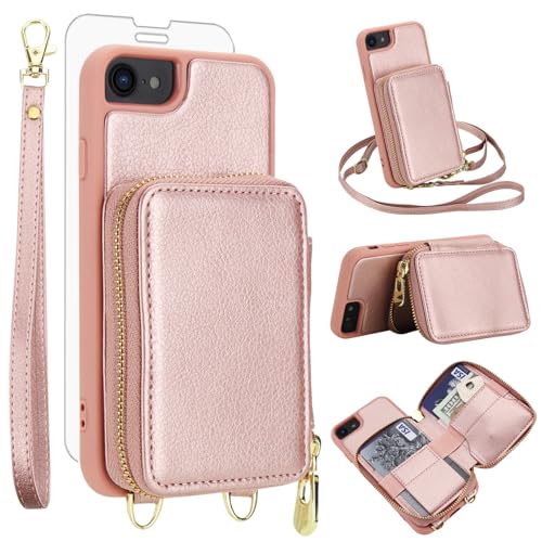 Phone Case for iPhone 6/6s/7/8/SE 2020 2022 Wallet Cell Cover with Screen Protector Crossbody Strap RFID Blocking Card Holder i Six Seven 6a i6 i7 i8 7s 8s SE2020 SE2 2 SE2022 SE3 3 Women Rose Gold