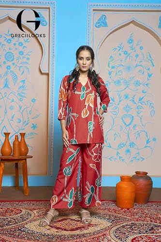 Greciilooks Womens Casual Rayon Regular Fit Floral Co-Ord Set (Red, Small)