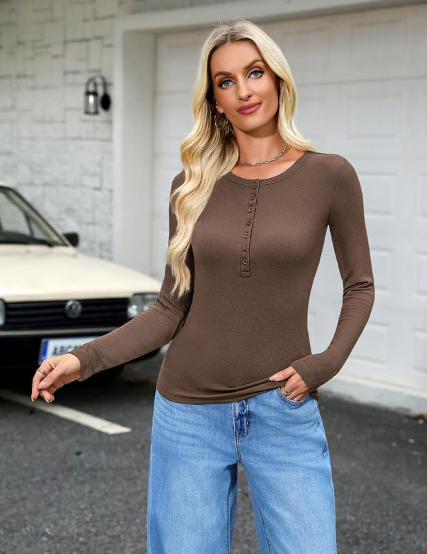Long Sleeve Shirts for Women 2025 Spring Fall Tops Henley Button Ribbed Tunic Slim Fit Trendy Outfits - Image 5