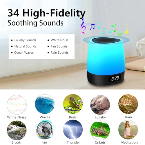 Someyou White Noise Sound Machine with 34 Sleep Sounds 8 Colors Night Light, Battery Powered Integrated Alarm Clock Bluetooth Function Sleep Timer, White Noise Machine for Sleeping Adults Baby Black