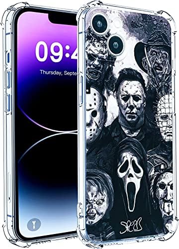 Classic Thriller Movie Characters Pattern Phone Case Compatible with iPhone 14,Halloween Scream Horror Designed for Boys Girls Teens Shockproof Protective Phone Cover(14-8 Faces)