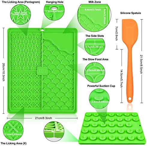 CIICII Large Lick Mats for Dogs/Cats, 10.3 * 8.3 Inch Dog Slow Feeder Licking Mat with Suction Cup (Green Dog Lick Mat + Orange Spatula) for Dog Treats/Cat Food (Anti-slip, Silicone, Newest 2022)