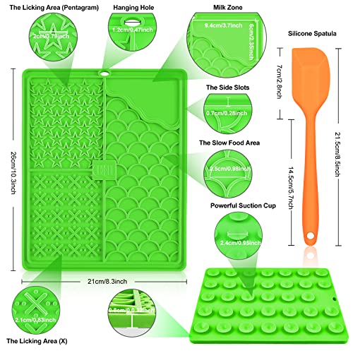 Large Lick Mat For Dogs & Cats, Ciicii 10.3 * 8.3 Inch Dog Slow Feeder Licking Mat With Suction Cups (Green Dog Lick Mat + Orange Spatula) For Dog Treats/Cat Food (Anti-Slip, Silicone, Newest 2023) #TOP1