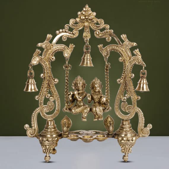 Campana In Ottone Krishna Che Suona Il Flauto – Ghanti Per Puja E Decorazione Spirituale, Altezza 14 Cm, Fatta A Mano - 2