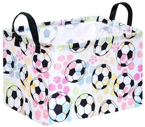 Image of Football Socer Pattern Storage Basket Gift Laundry Bins Collapsible Storage Baskets Box Laundry Nursery Hamper for Home and Office Decoration with Handles