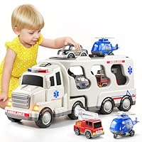 5 in 1 Krankenwagen Kleinkind Lkw Spielzeug für 3 4 5 6 Jahre alte Jungen, Reibung angetriebene Autos mit Hubschrauber, Polizeiauto, Feuerwehr, Krankenwagen, Geburtstagsgeschenke für Mädchen Alter 3-9
