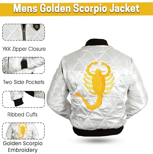 Image of Mens Golden Scorpio Logo Embroidered Jacket | Quilted Satin White Bomber Lightweight Jacket