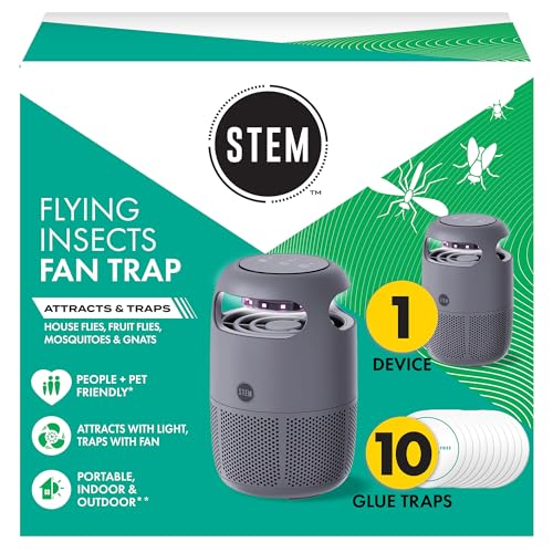 STEM Flying Insect Fan Trap for Indoor Bug Control Attracts Mosquitoes Fruit Flies and House Flies Plug-in Fan with UV Light Starter Kit Includes 1 Device and 10 Glue Traps