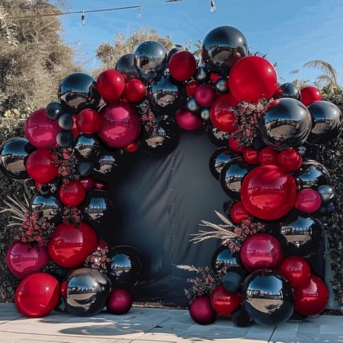 Image of Black Red Balloons Thick Double Stuffed Black Burgundy Balloon Garland Arch Kit for Gothic Vampire Till Death Do Us Rip To Twenties Halloween Birthday Party Decorations