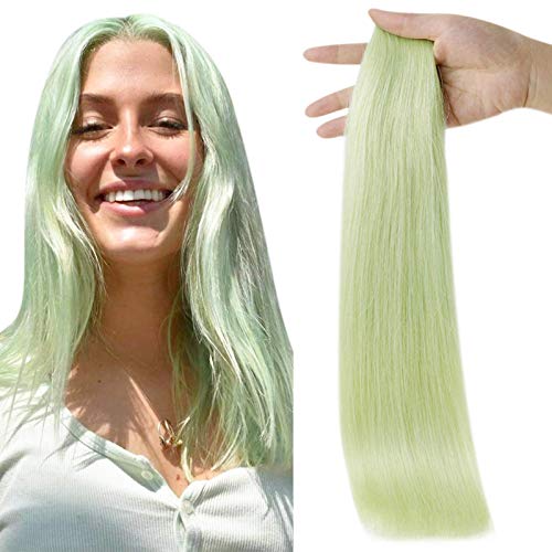 Tape In Hair Extensions Human Hair Color Light Emerald Human Hair Tape in Real Remy Hair Tape in Extensions Seamless Glue on Hair 18 Inch Adhesive Tape in Straight Hair 25 Gram