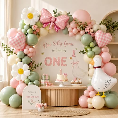 Duck Birthday Decor Balloon Arch Garland Kit,Pink and Sage Green Sand White Balloons with Duck Heart and Daisy Foil Balloons for Baby Shower First Birthday Party Decor by Jickoddffy - Used condition - Image 2