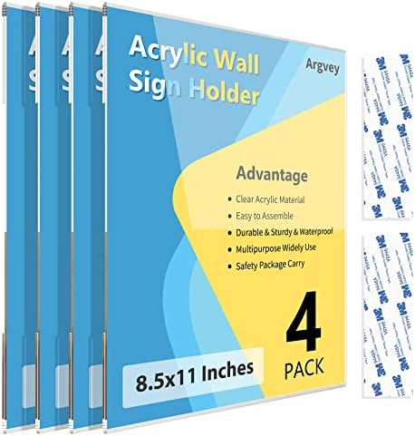 Acrylic Sign Holder 8.5 X 11 inch Wall Mount, 4-Pack Clear Plastic Paper Sign Holder with 3M Tape, Menu Advertising Flyer Display for Restaurant, Hotel, Office and Store
