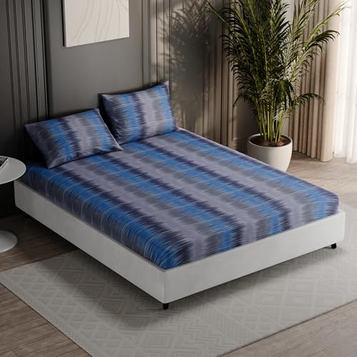 Image of BLISSHOME Everlast 150TC King Size Fitted Bedsheet with 2 Pillow Covers, Aesthetic Bedding, Wrinkle Resistant, 100+ Wash Durable, Quick Dry, Geometric Pattern - Blue (183cm x 198cm + 25cm Drop)