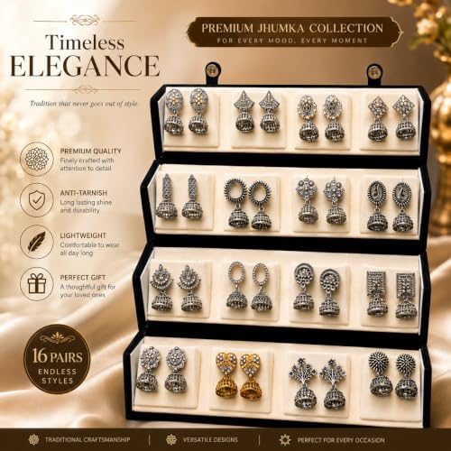 Image of Mirakii Jewels 16 jhumka Earrings with premium box Earrings Combo for Women & Girls | Traditional Oxidized Silver & Gold Plated Ethnic Earring Set | Multi-Design Jhumki Collection with Premium Gift Box | 16 pair jhumka box