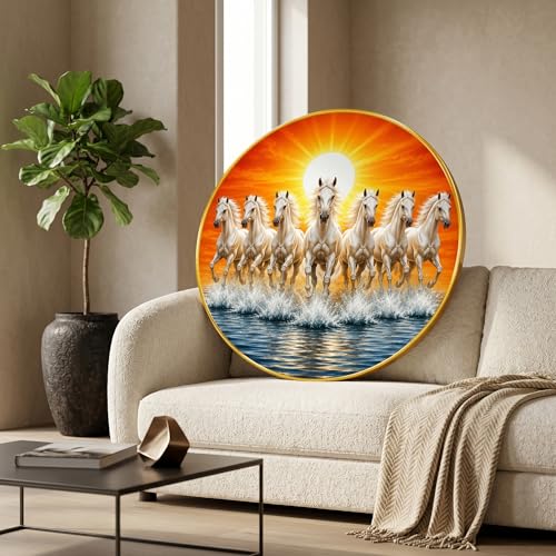 Image of SAF 7 Horse Vastu Round Wall Painting with Premium PVC Golden Frame, White Running Horses Sunrise Water Art for Living Room Office Home Decor Gift (16 x 16 Inch) GRM-445