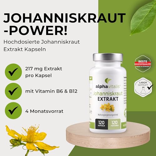 Johanniskraut Kapseln optimal dosiert mit natürlichem Hypericin - 120 Stk. - veganer Extrakt mit Vitamin B6 & B12 - St. John’s Wort Extract aus Hypericum perforatum L.