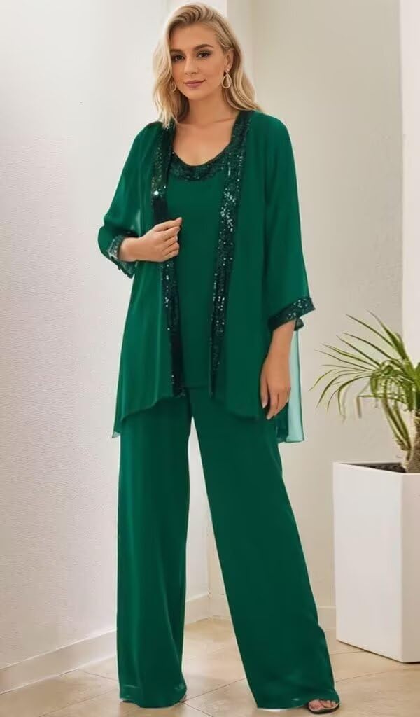 3 Pcs Mother of The Bride Dresses Pantsuit for Wedding 3/4 Sleeves Formal Pants Outfit with Jacket