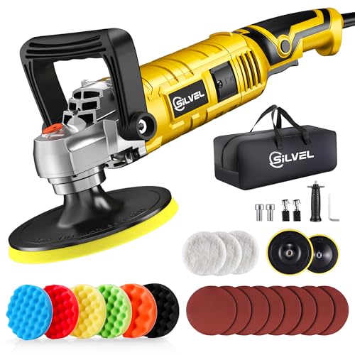 SILVEL Buffer Polisher, 1600W 7 Inch/6 Inch Polisher for Car Detailing, Wax Machine, 7 Variable Speed, with 6 Foam Pads, 3 Wool Pads, Packaging Bag, for Boat Polishing and Waxing