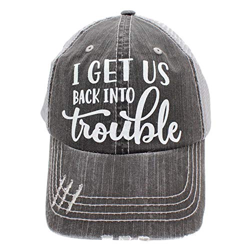 r2n fashions I get us into Trouble Out of Trouble Women's Trucker Hat Cap (I get us Back into Trouble)