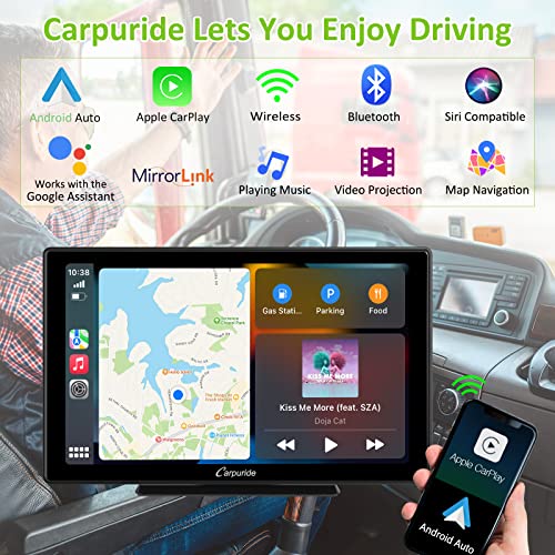 2023 Newest Carpuride 9 Inch Touchscreen Wireless Apple Carplay Android Auto Portable Car Radio Receiver Mp5 Player With Mirror Link/Gps/Siri/Google/Fm,Dashboard Mounted Car Stereo #TOP1