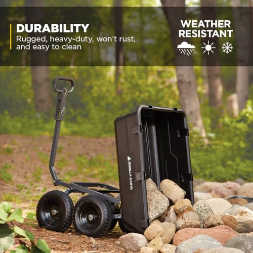 Image of Gorilla Carts Heavy-Duty Poly Yard Dump Cart, 6 Cu Ft Tub, 1200 lb Haul Capacity, Black - Towable Utility Wagon with Quick-Release Dumping & Pneumatic Tires for Landscaping and Gardening