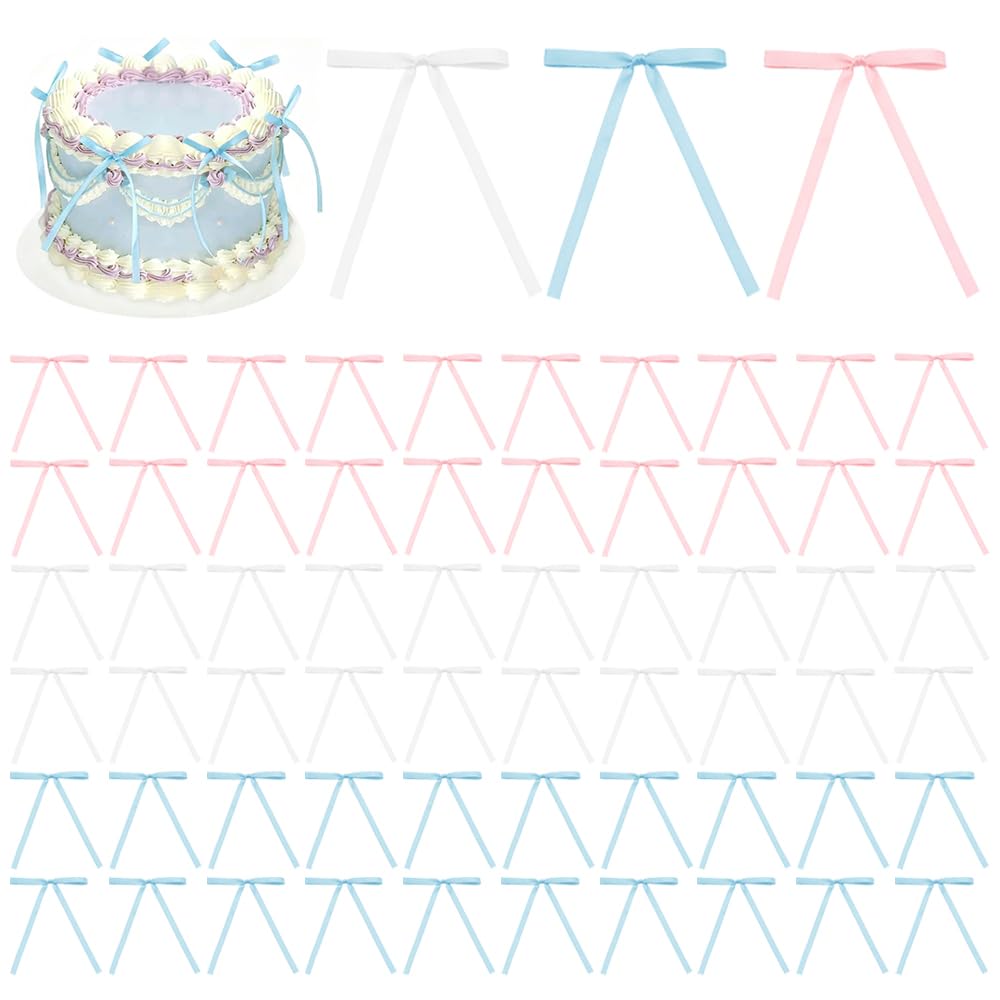 TRKETK 60 Pcs Bowknot Cake Toppers, Bow Tie Cake Topper Decorations Elegant Party Supplies Ribbon Bow Decorations for Craft DIY Birthday Wedding Anniversary Balloon Wall (Three Colors)