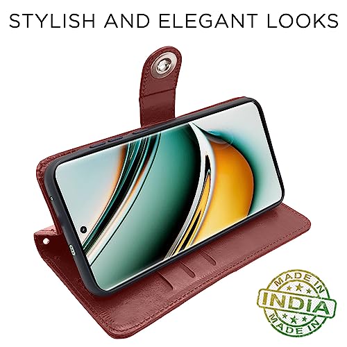 Image of Pikkme Realme 11 Pro / 11 Pro Plus 5G / Narzo 60 Pro 5G Flip Cover Leather Finish | Inside TPU with Card Pockets | Wallet Stand and Shock Proof | Complete Protection Button Flip Case (Brown)