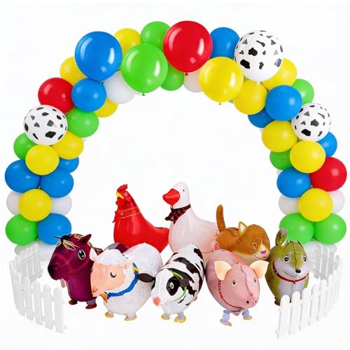 JolliLudo 120 Pcs Adopt a Farm Animal Decorations Include 8 Walking Animal Balloons with 100 Colorful Balloon and 12 Garden Fence with Insert for Farm Theme Birthday Gift Photography Party Supplies