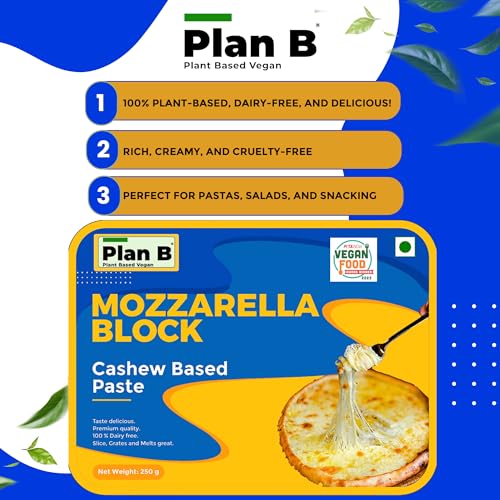 Image of Plan B Plant-Based Mozzarella Cheese Block- Dairy-Free, Lactose-Free - Melts Perfectly - Ideal for Pizza, Pasta & Baking - Made with Cashews | Pack Of 2(250 G Each)