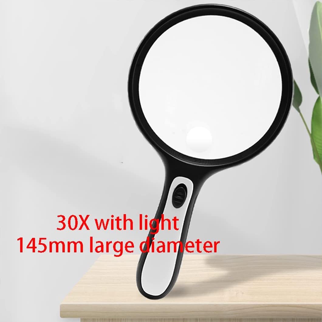 Ręczna lupa powiększająca 30X z 4 diodami LED, podświetlana lupa z podświetleniem, duża lupa do czytania 145 mm do leczenia zwyrodnienia plamki żółtej, czytania dla seniorów, lutowania, czarnych