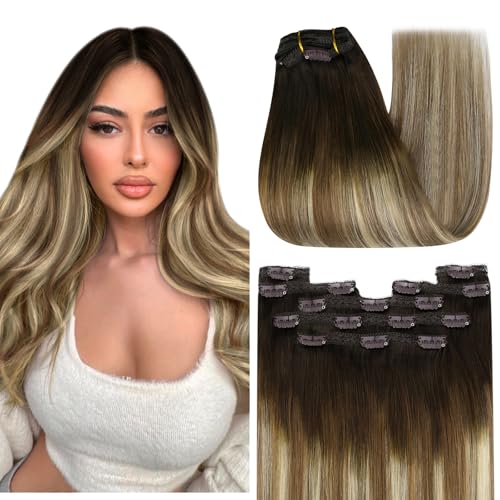 Image of YoungSee Balayage Clip in Hair Extensions Real Human Hair Chocolate Brown Roots to Medium Brown with Blonde Ombre Clip in Extensions Human Hair Clip ins for Women 14inch 120g