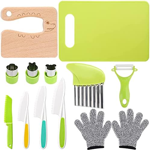 13 PCS Wood Kids Kitchen Knife Set, Safe Fruit Toddler Knifes for Real Cooking, Y Peeler, Children Gloves, Serrated Edges Toddler Knife, Sandwich Cutter, Crinkle Cutter, Plastic Cutting Board